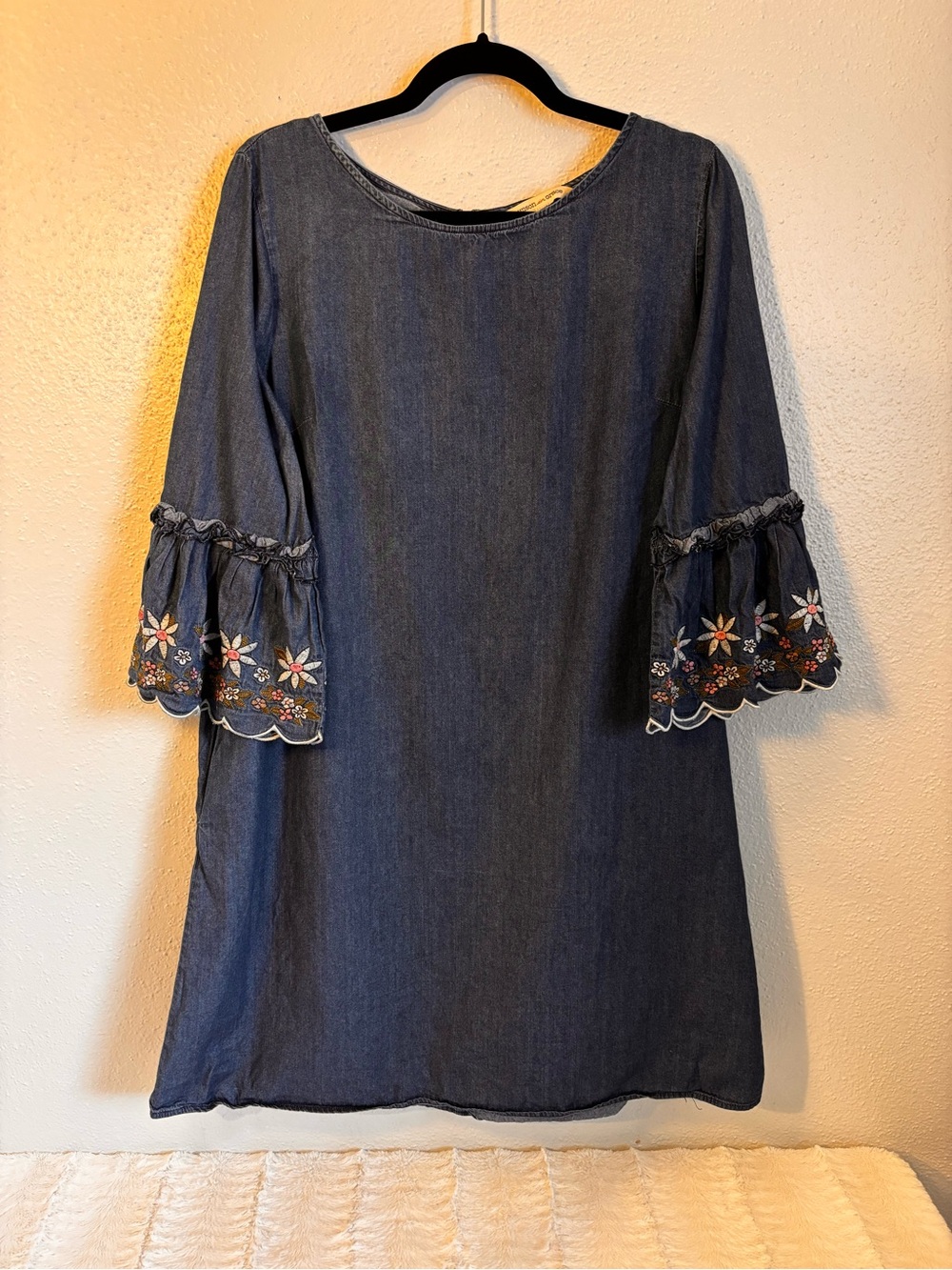 Embroidered Denim Midi Dress - Blue Boho Cottagecore